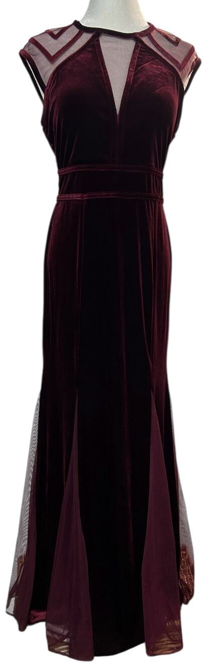 NW Nightway Burgundy Velour Mesh Cutouts Maxi Gown Size 12 Stretch